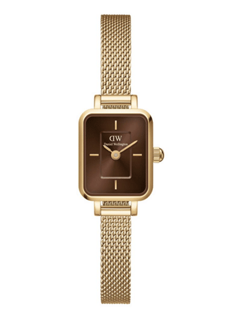 Daniel Wellington ur med mørk urskive, guldrem og minimalistisk design.